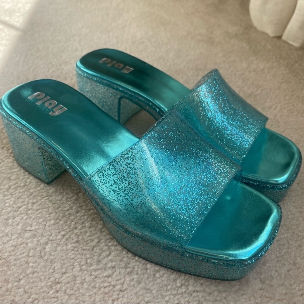 90s Blue Glitter Platform Jelly Sandals